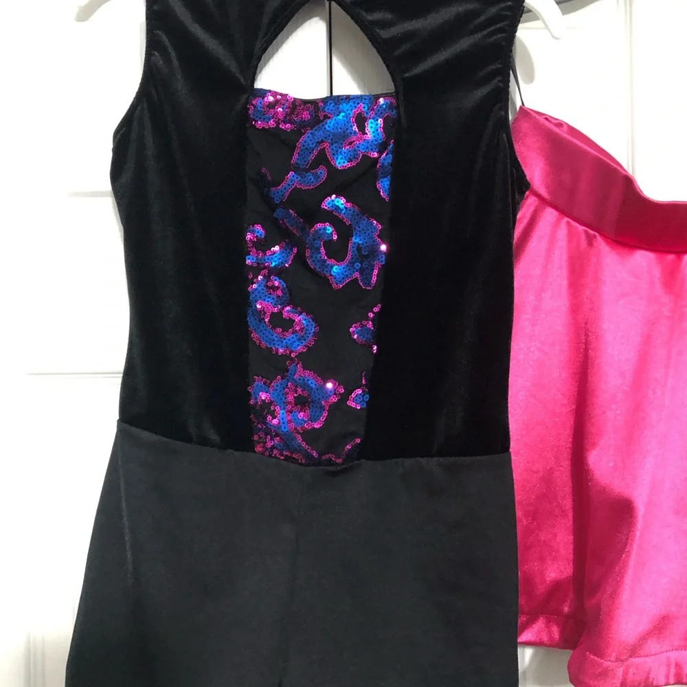 Dance costume velvet one piece with shorts & pink fuschia skirt tap jazz size XL
